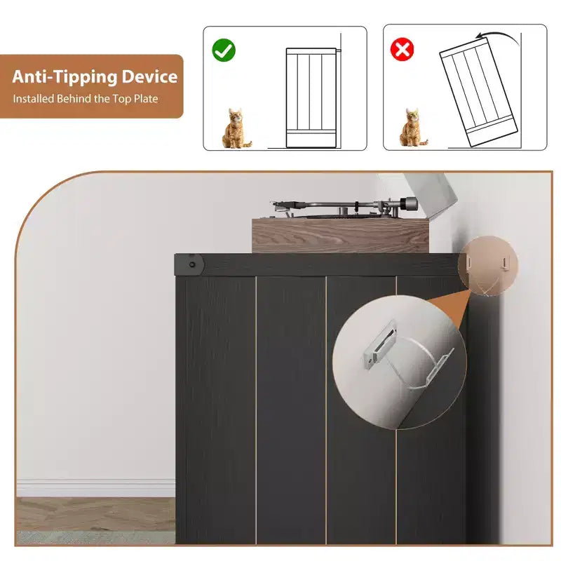 Meuble pour tourne-disque avec rangement pour vinyles, Meuble de platine de style ferme avec porte, Étagères de rangement pour vinyles, Meuble de rangement en bois pour salon, Noir