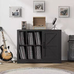 Meuble pour tourne-disque avec rangement pour vinyles, Meuble de platine de style ferme avec porte, Étagères de rangement pour vinyles, Meuble de rangement en bois pour salon, Noir