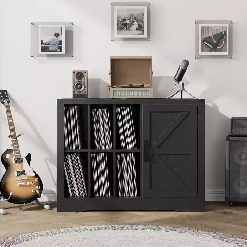 Meuble pour tourne-disque avec rangement pour vinyles, Meuble de platine de style ferme avec porte, Étagères de rangement pour vinyles, Meuble de rangement en bois pour salon, Noir