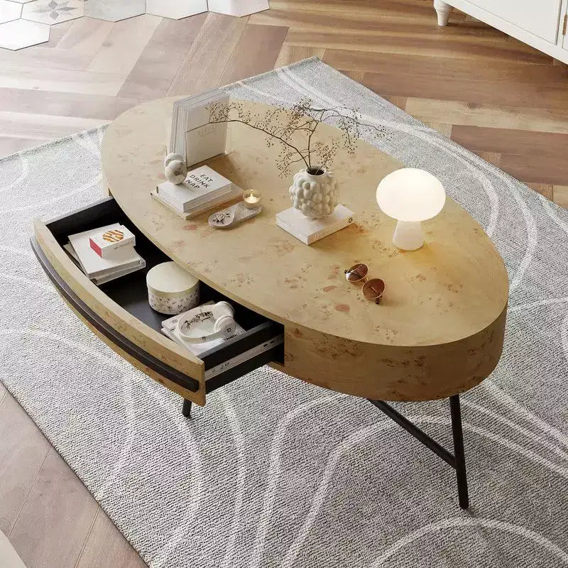 Table basse ovale avec tiroir, table basse en bois de style moderne du milieu du siècle avec rangement de 120 cm