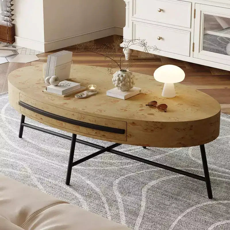 Table basse ovale avec tiroir, table basse en bois de style moderne du milieu du siècle avec rangement de 120 cm