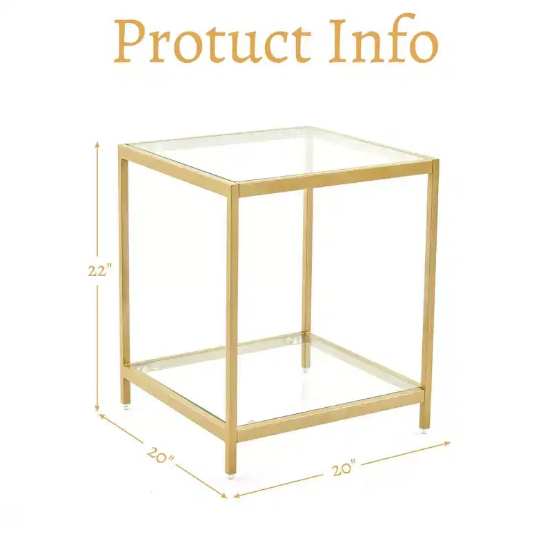 HYLEORY Table d'appoint carrée à 2 niveaux en verre trempé de 50 cm, avec cadre en métal, pour salon ou chambre à coucher