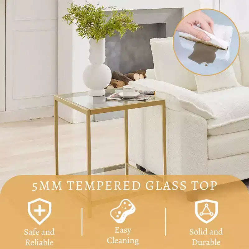 HYLEORY Table d'appoint carrée à 2 niveaux en verre trempé de 50 cm, avec cadre en métal, pour salon ou chambre à coucher