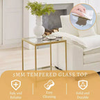 HYLEORY Table d'appoint carrée à 2 niveaux en verre trempé de 50 cm, avec cadre en métal, pour salon ou chambre à coucher