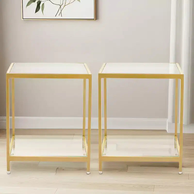 HYLEORY Table d'appoint carrée à 2 niveaux en verre trempé de 50 cm, avec cadre en métal, pour salon ou chambre à coucher