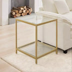 HYLEORY Table d'appoint carrée à 2 niveaux en verre trempé de 50 cm, avec cadre en métal, pour salon ou chambre à coucher