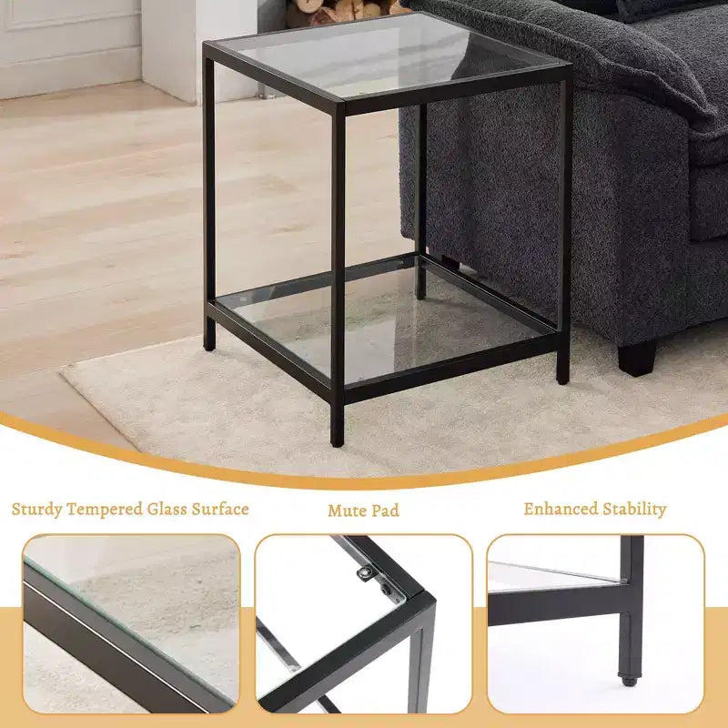 HYLEORY Table d'appoint carrée à 2 niveaux en verre trempé de 50 cm, avec cadre en métal, pour salon ou chambre à coucher