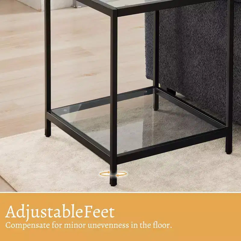 HYLEORY Table d'appoint carrée à 2 niveaux en verre trempé de 50 cm, avec cadre en métal, pour salon ou chambre à coucher