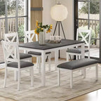 Zevemomo 6-Piece Solid Wood Dining Table Set, Including 1 Dining Table, 4 Upholstered Chairs and 1 Bench, for Dining Room, Kitchen, , White Diamond