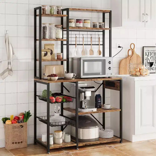 7-Tier Microwave Stand with 2 Wire Basket and Power Outlets, 35.4 Inch Industrial Coffee Bar Station, Kitchen Large Bakers Rack with Storage