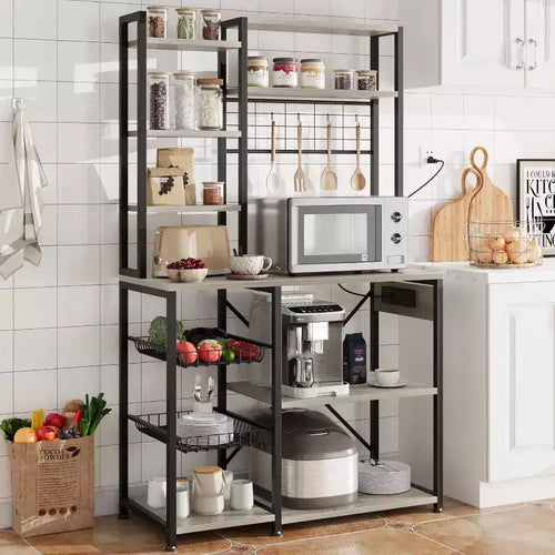 Étagère à micro-ondes à 7 niveaux avec 2 paniers métalliques et prises de courant, station de bar à café industrielle de 90 cm, grand meuble de rangement de cuisine pour boulangerie