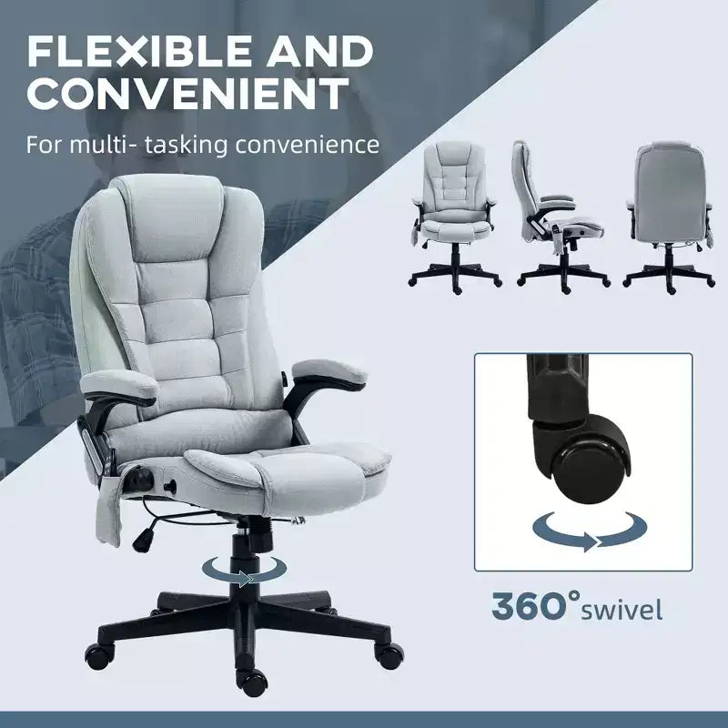 Fauteuil de bureau exécutif de massage vibrant à 6 points Okak avec chaleur, fauteuil d'ordinateur inclinable avec télécommande, fauteuil confortable pour l'étude, le bureau, gris