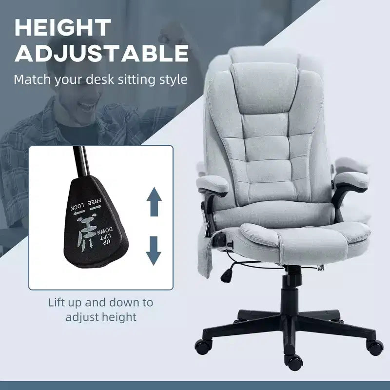 Fauteuil de bureau exécutif de massage vibrant à 6 points Okak avec chaleur, fauteuil d'ordinateur inclinable avec télécommande, fauteuil confortable pour l'étude, le bureau, gris