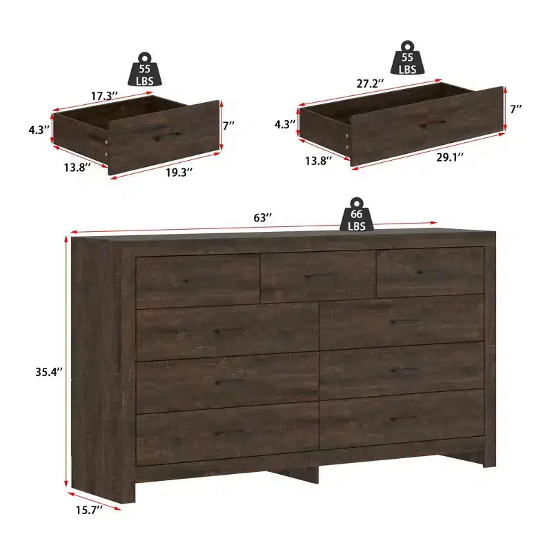Commode de rangement rustique Famapy à 9 tiroirs, compartiments, construction robuste, tiroirs spacieux