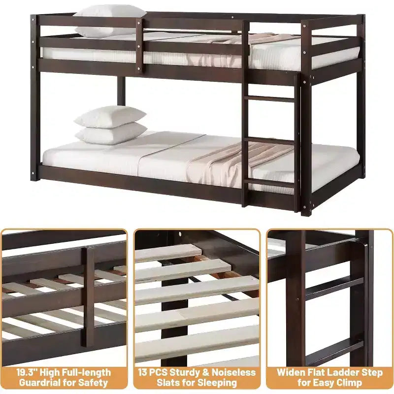 Zevemomo Lit Superposé en Bois Jumeau sur Jumeau, Cadre de Lit en Bois d'Hévéa Massif avec Échelle Intégrée, pour Petits Espaces, Chambre, Gain de Place, Pas de Sommier Tapissier Nécessaire