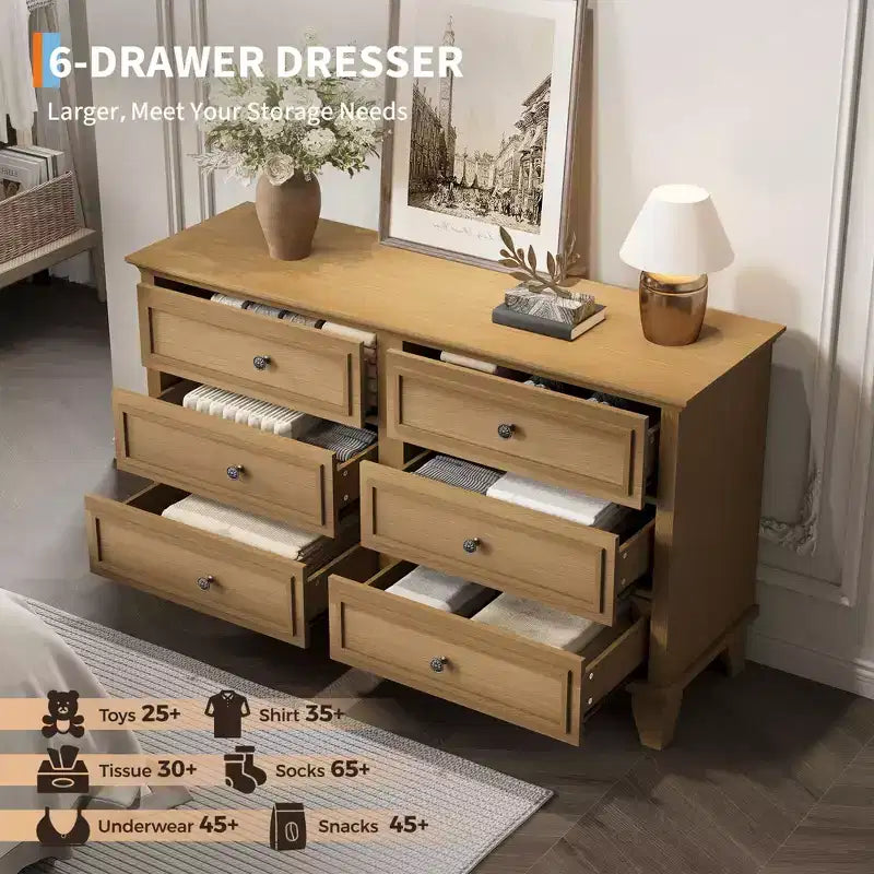 Commode marron de style ferme pour chambre à coucher avec 6 tiroirs, commode double meuble TV avec poignée vintage, commodes et chiffonniers larges en bois