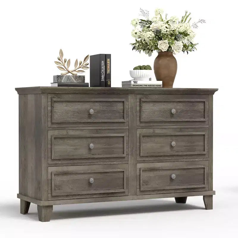 Commode marron de style ferme pour chambre à coucher avec 6 tiroirs, commode double meuble TV avec poignée vintage, commodes et chiffonniers larges en bois