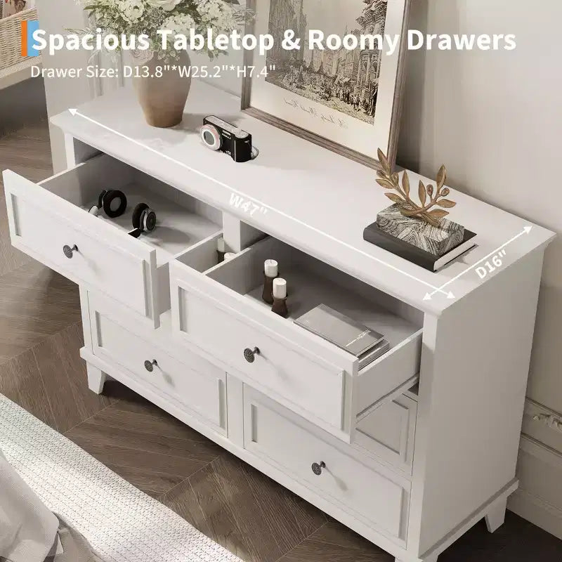 Commode marron de style ferme pour chambre à coucher avec 6 tiroirs, commode double meuble TV avec poignée vintage, commodes et chiffonniers larges en bois
