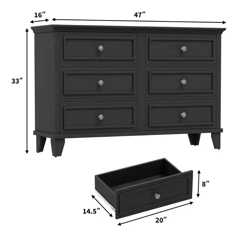 Commode marron de style ferme pour chambre à coucher avec 6 tiroirs, commode double meuble TV avec poignée vintage, commodes et chiffonniers larges en bois