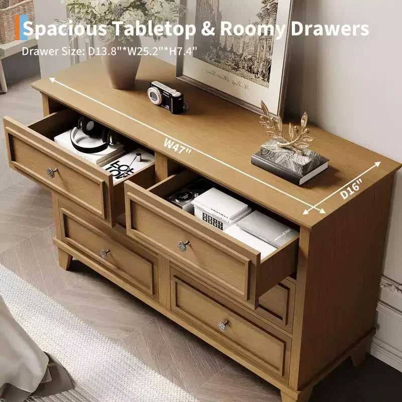 Commode marron de style ferme pour chambre à coucher avec 6 tiroirs, commode double meuble TV avec poignée vintage, commodes et chiffonniers larges en bois