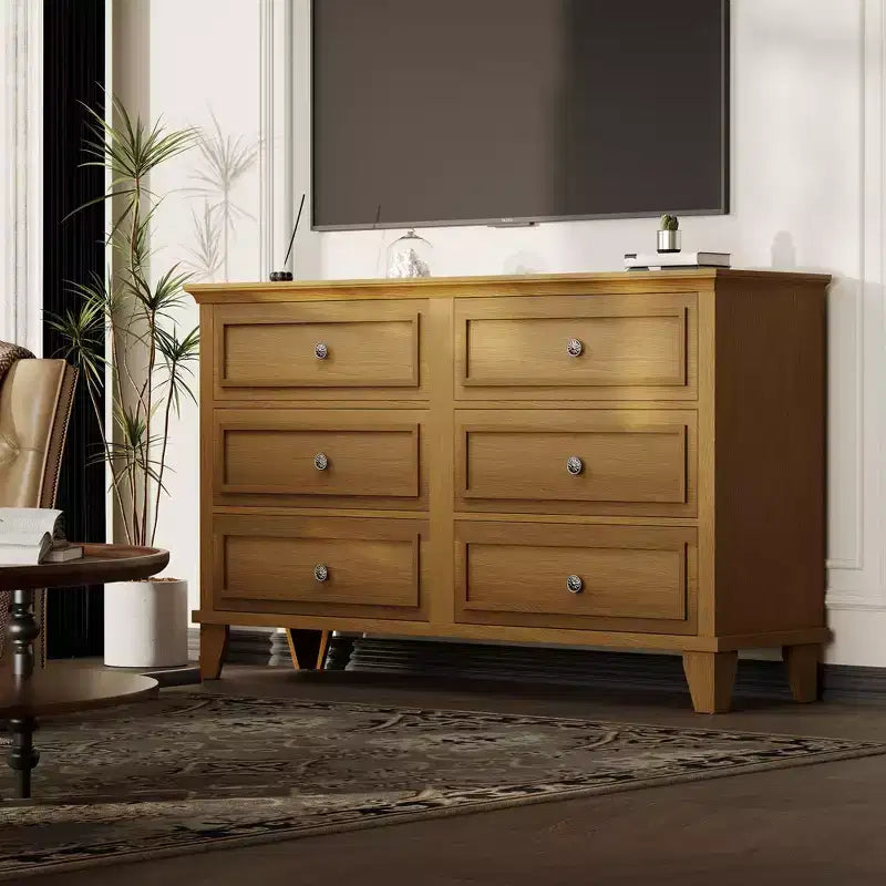 Commode marron de style ferme pour chambre à coucher avec 6 tiroirs, commode double meuble TV avec poignée vintage, commodes et chiffonniers larges en bois