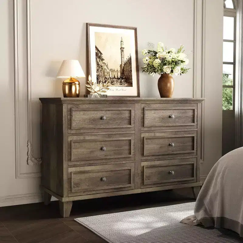 Commode marron de style ferme pour chambre à coucher avec 6 tiroirs, commode double meuble TV avec poignée vintage, commodes et chiffonniers larges en bois