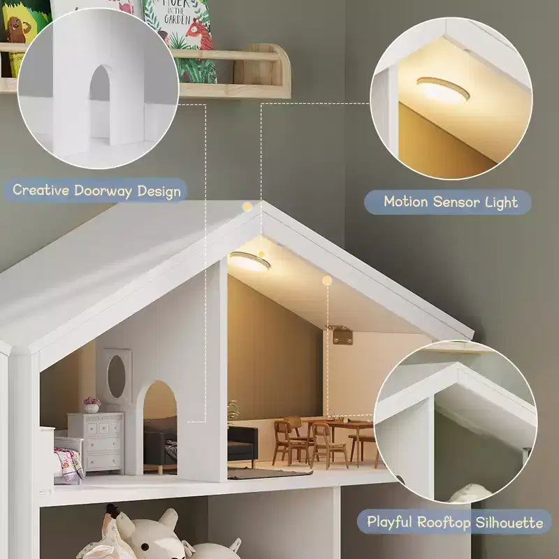 Étagère à livres pour enfants, étagère de rangement en forme de maison, bibliothèque en bois pour tout-petits avec lumière à détecteur de mouvement pour enfants, étagère bibliothèque de maison de poupée pour salle de jeux, chambre à coucher