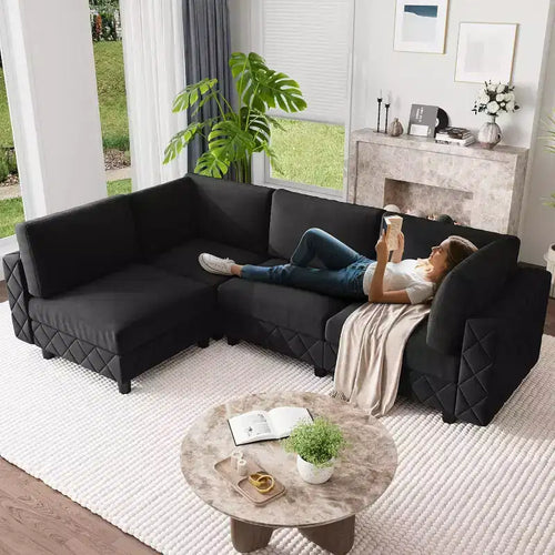 Acekool 134 Modular Sectional Sofa, 4-Seat L-Shaped Velvet Couch with High-Density Cushions, Upholstered Cloud Sofa,Black