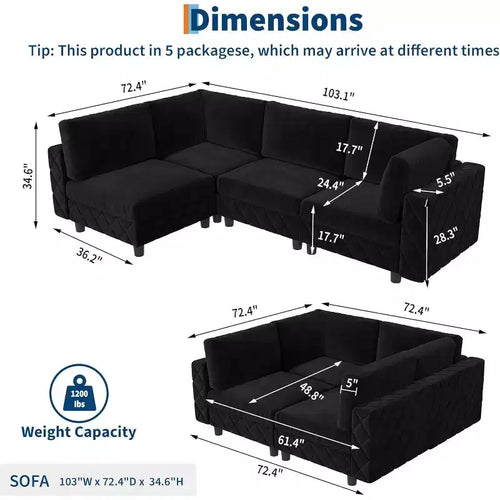 Acekool 134 Canapé d'angle modulable, canapé 4 places en velours en forme de L avec coussins haute densité, canapé nuage rembourré, noir