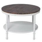 Table basse de style industriel, 25,2 po, à double plateau rond en MDF couleur noyer foncé veiné de noir, avec un cadre en fer forgé blanc froissé.