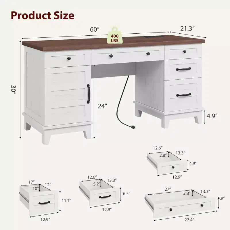 Bureau de direction avec tiroirs de classement, bureau de télétravail style ferme avec station de recharge, bureau d'ordinateur en bois de 152 cm avec armoire de rangement pour le travail et les études