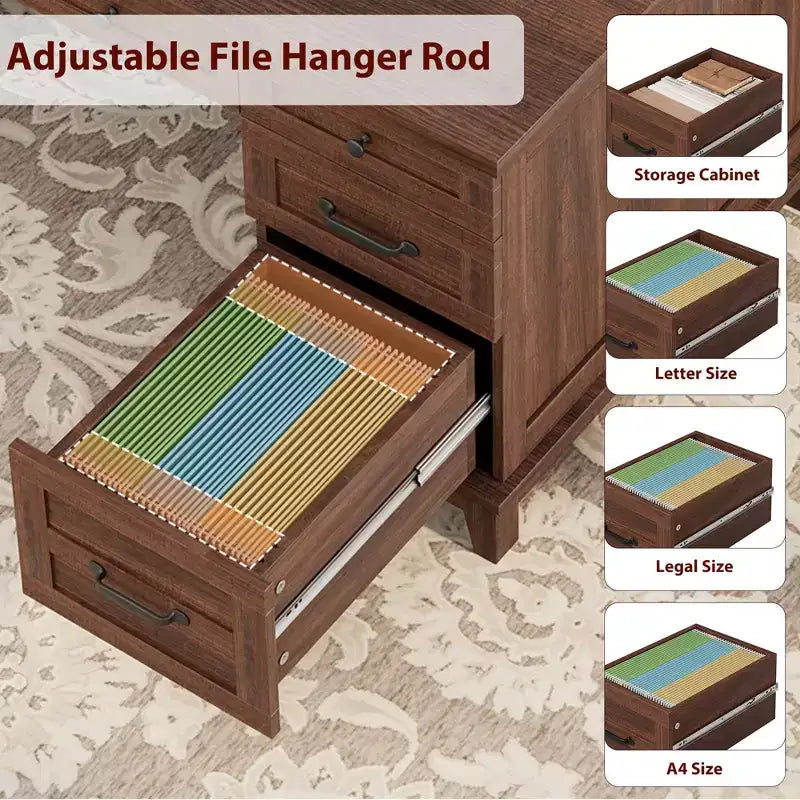 Bureau de direction avec tiroirs de classement, bureau de télétravail style ferme avec station de recharge, bureau d'ordinateur en bois de 152 cm avec armoire de rangement pour le travail et les études