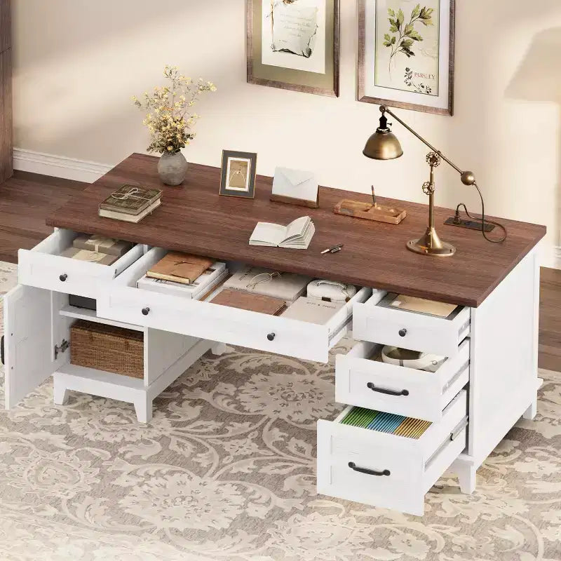 Bureau de direction avec tiroirs de classement, bureau de télétravail style ferme avec station de recharge, bureau d'ordinateur en bois de 152 cm avec armoire de rangement pour le travail et les études