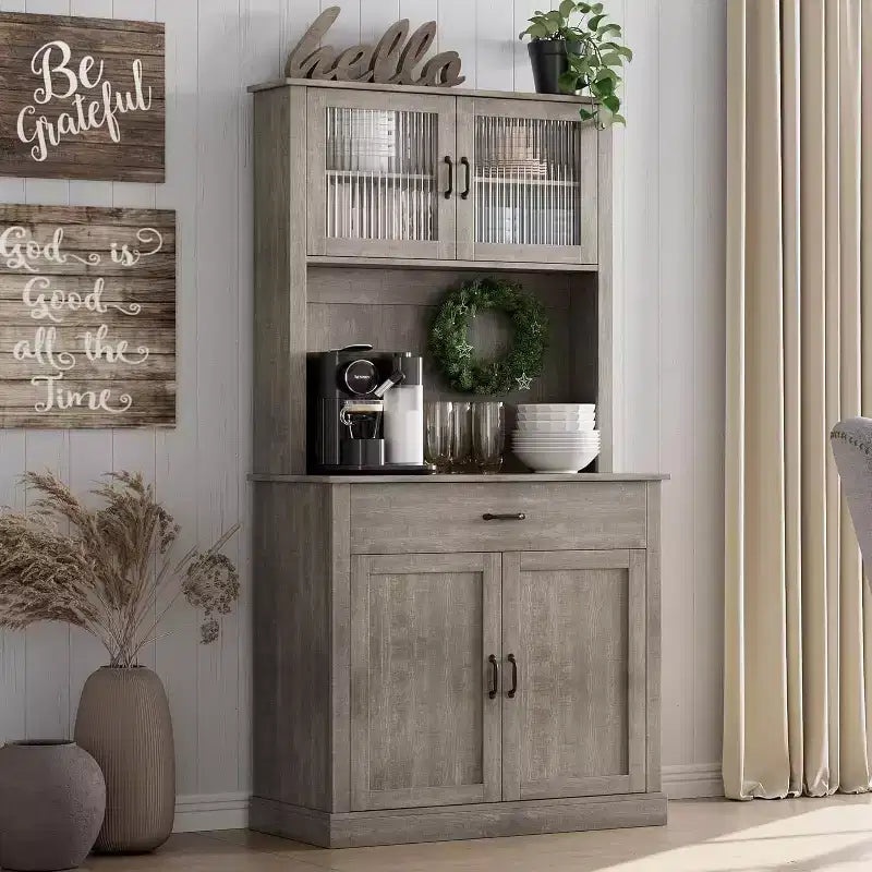 71 Kitchen Pantry Cabinet with Microwave Stand,Freestanding Buffet with Doors and Shelves for Dining Room
