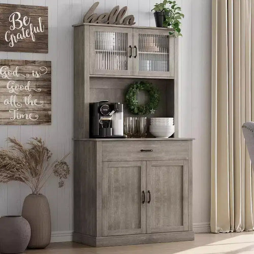 71 Kitchen Pantry Cabinet with Microwave Stand,Freestanding Buffet with Doors and Shelves for Dining Room