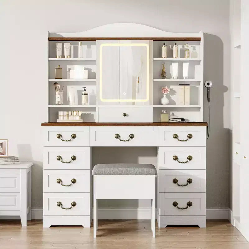 Coiffeuse de maquillage 47" avec miroir et lumières, grande table de maquillage avec 10 tiroirs et 8 rangements ouverts et tabouret, ensemble de coiffeuse pour chambre à coucher