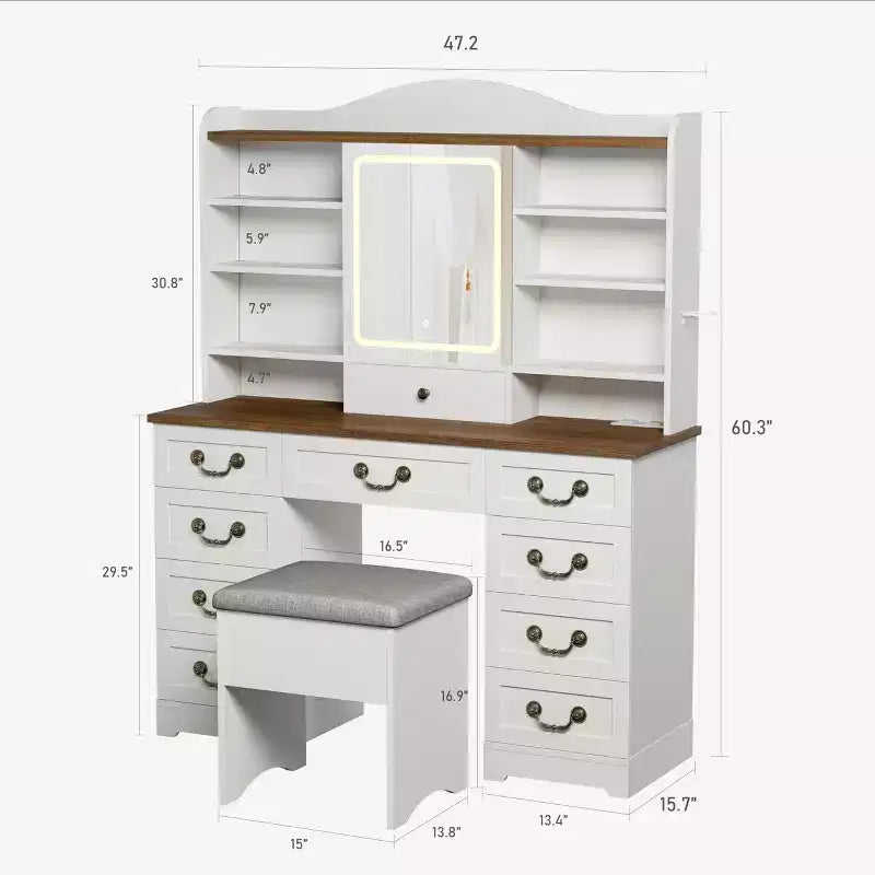 Coiffeuse de maquillage 47" avec miroir et lumières, grande table de maquillage avec 10 tiroirs et 8 rangements ouverts et tabouret, ensemble de coiffeuse pour chambre à coucher