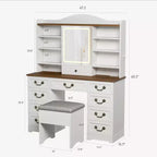 Coiffeuse de maquillage 47" avec miroir et lumières, grande table de maquillage avec 10 tiroirs et 8 rangements ouverts et tabouret, ensemble de coiffeuse pour chambre à coucher