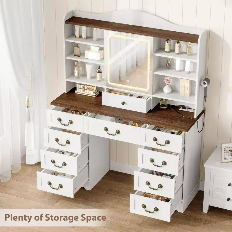 Coiffeuse de maquillage 47" avec miroir et lumières, grande table de maquillage avec 10 tiroirs et 8 rangements ouverts et tabouret, ensemble de coiffeuse pour chambre à coucher