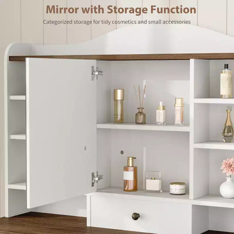 Coiffeuse de maquillage 47" avec miroir et lumières, grande table de maquillage avec 10 tiroirs et 8 rangements ouverts et tabouret, ensemble de coiffeuse pour chambre à coucher