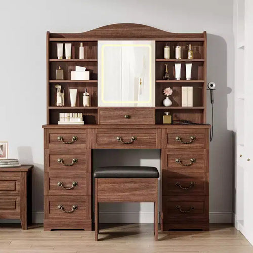 Coiffeuse de maquillage 47" avec miroir et lumières, grande table de maquillage avec 10 tiroirs et 8 rangements ouverts et tabouret, ensemble de coiffeuse pour chambre à coucher