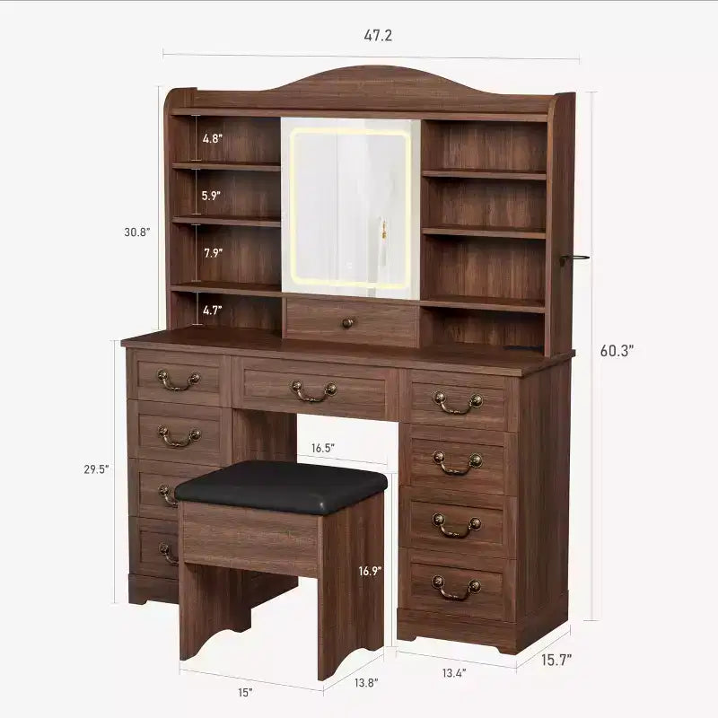 Coiffeuse de maquillage 47" avec miroir et lumières, grande table de maquillage avec 10 tiroirs et 8 rangements ouverts et tabouret, ensemble de coiffeuse pour chambre à coucher