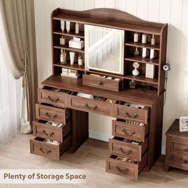 Coiffeuse de maquillage 47" avec miroir et lumières, grande table de maquillage avec 10 tiroirs et 8 rangements ouverts et tabouret, ensemble de coiffeuse pour chambre à coucher