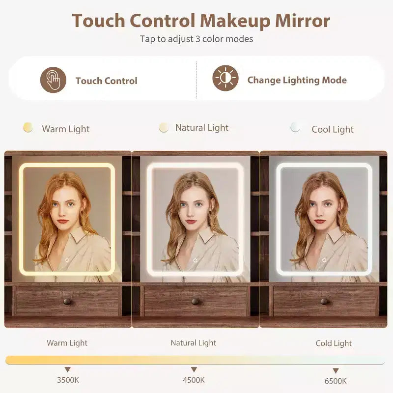Coiffeuse de maquillage 47" avec miroir et lumières, grande table de maquillage avec 10 tiroirs et 8 rangements ouverts et tabouret, ensemble de coiffeuse pour chambre à coucher