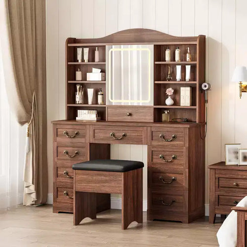 47 Makeup Vanity Desk with Mirror and Lights, Large Dressing Table with 10 Drawers & 8 Open Storage & Stool, Makeup Table Set for Bedroom
