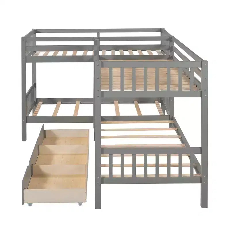 Lit superposé en L avec lit gigogne pour 4 enfants, cadre de lit superposé en bois avec tiroirs
