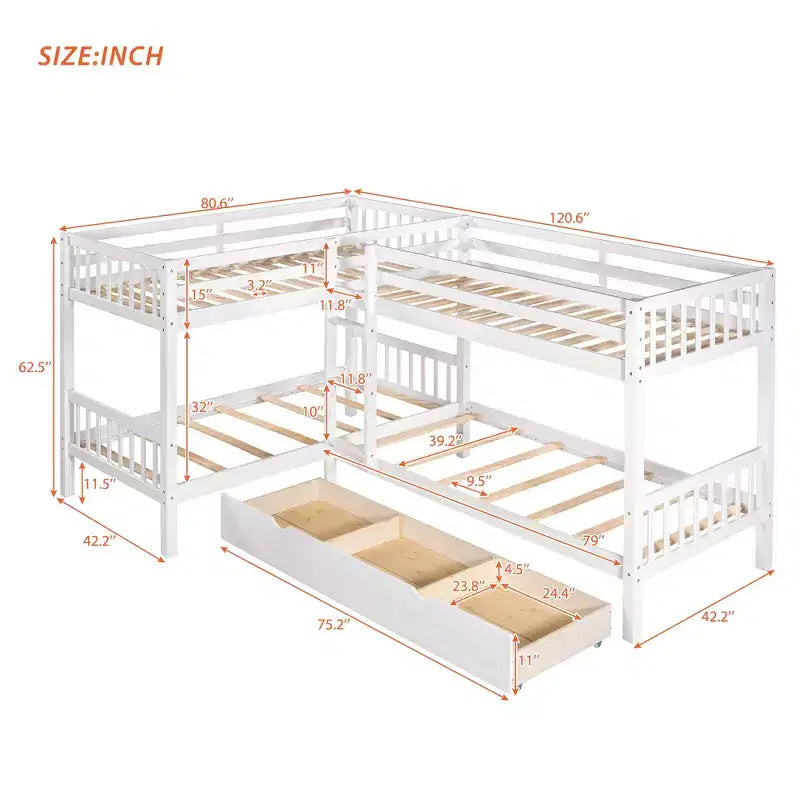Lit superposé en L avec lit gigogne pour 4 enfants, cadre de lit superposé en bois avec tiroirs