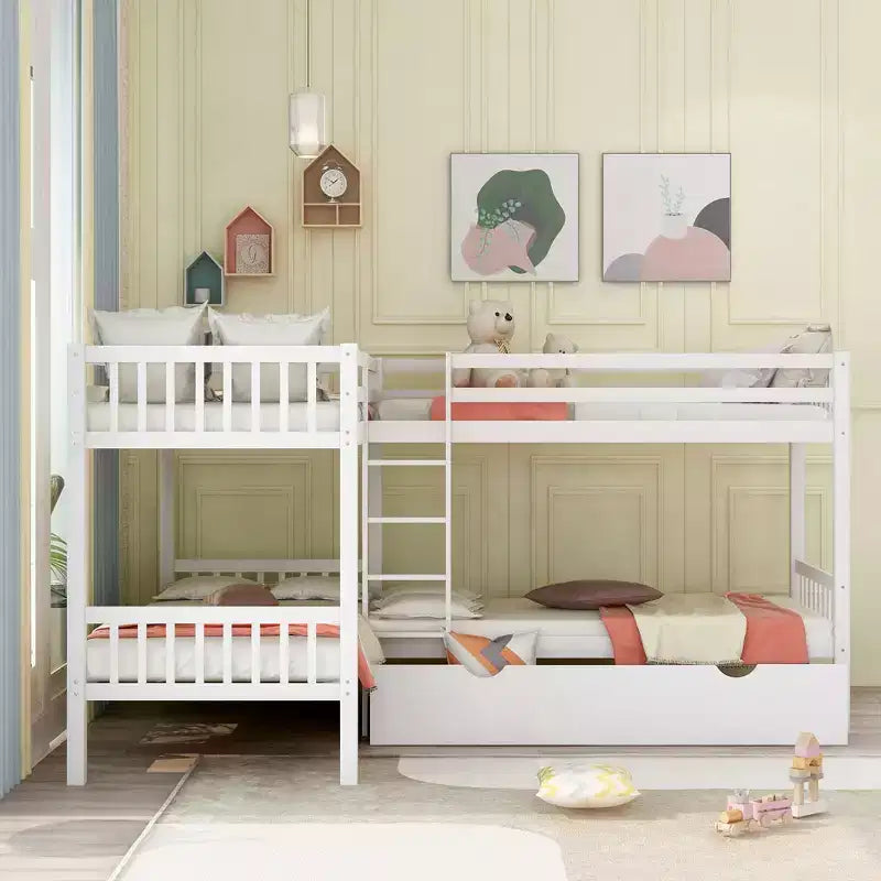 Lit superposé en L avec lit gigogne pour 4 enfants, cadre de lit superposé en bois avec tiroirs