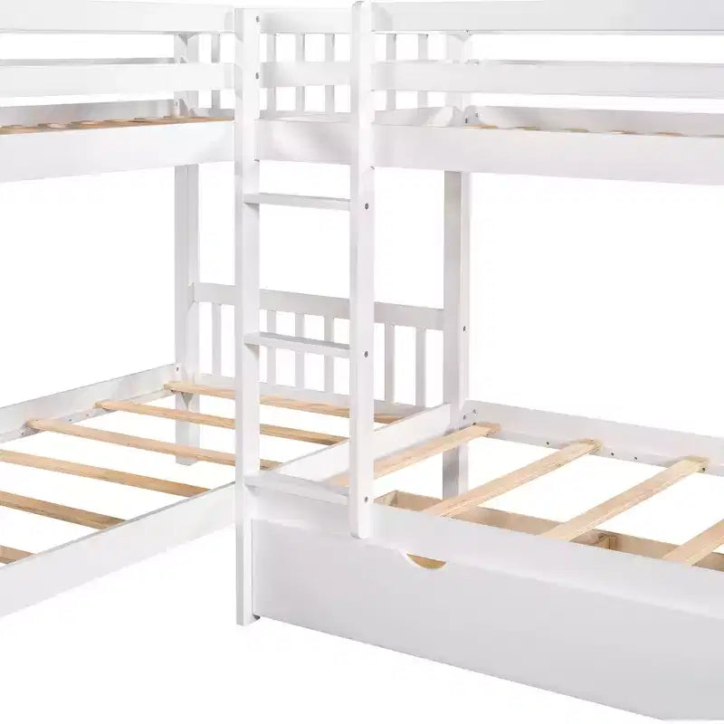 Lit superposé en L avec lit gigogne pour 4 enfants, cadre de lit superposé en bois avec tiroirs