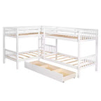 Lit superposé en L avec lit gigogne pour 4 enfants, cadre de lit superposé en bois avec tiroirs